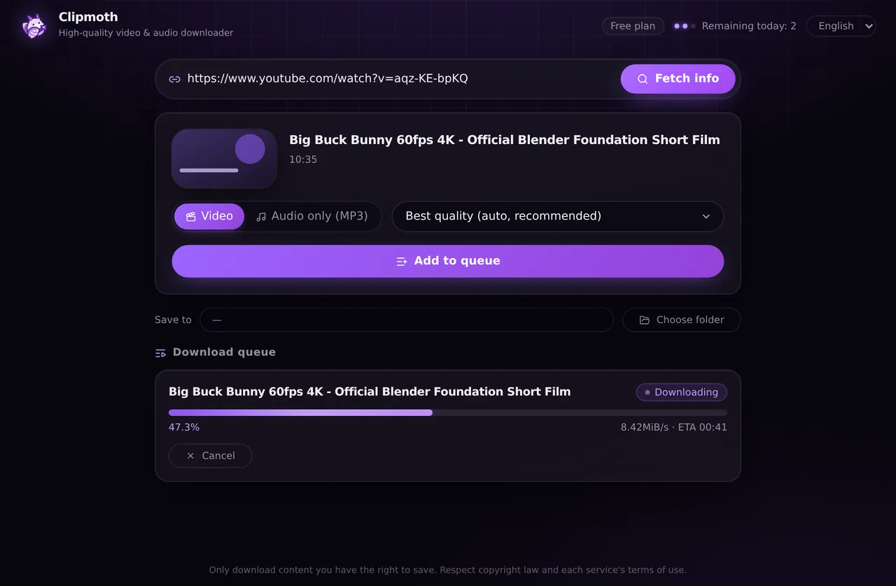 Clipmoth desktop app choosing 4K quality and downloading a video with a progress queue